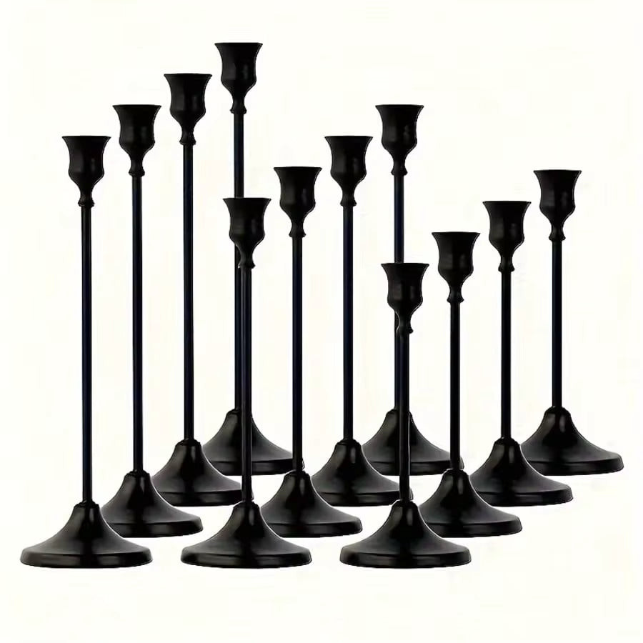 12pcs Elegant Romantic Black Candle Holders, European Style Dinner Candle Holders Metal Candle Holder Set, Suitable For Home Decor, Wedding Decor, Christmas, Room Decor, Holiday Party Decor, Thanksgiving, New Year, Valentine's Day Gifts