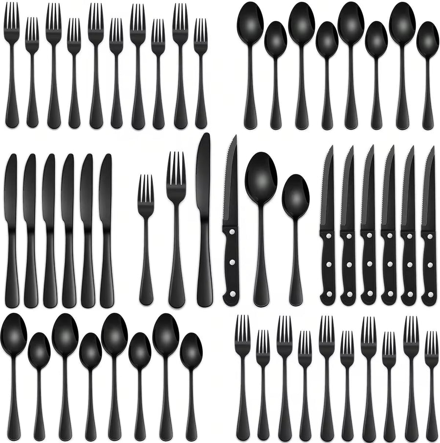 24/48 Pieces Black Stainless Steel Silverware Sets With Steak Knives Service For 8,Includes Knife Spoon And Fork Eating Utensils Set For Kitchen,Flatware Sets For Hotel And Restaurant