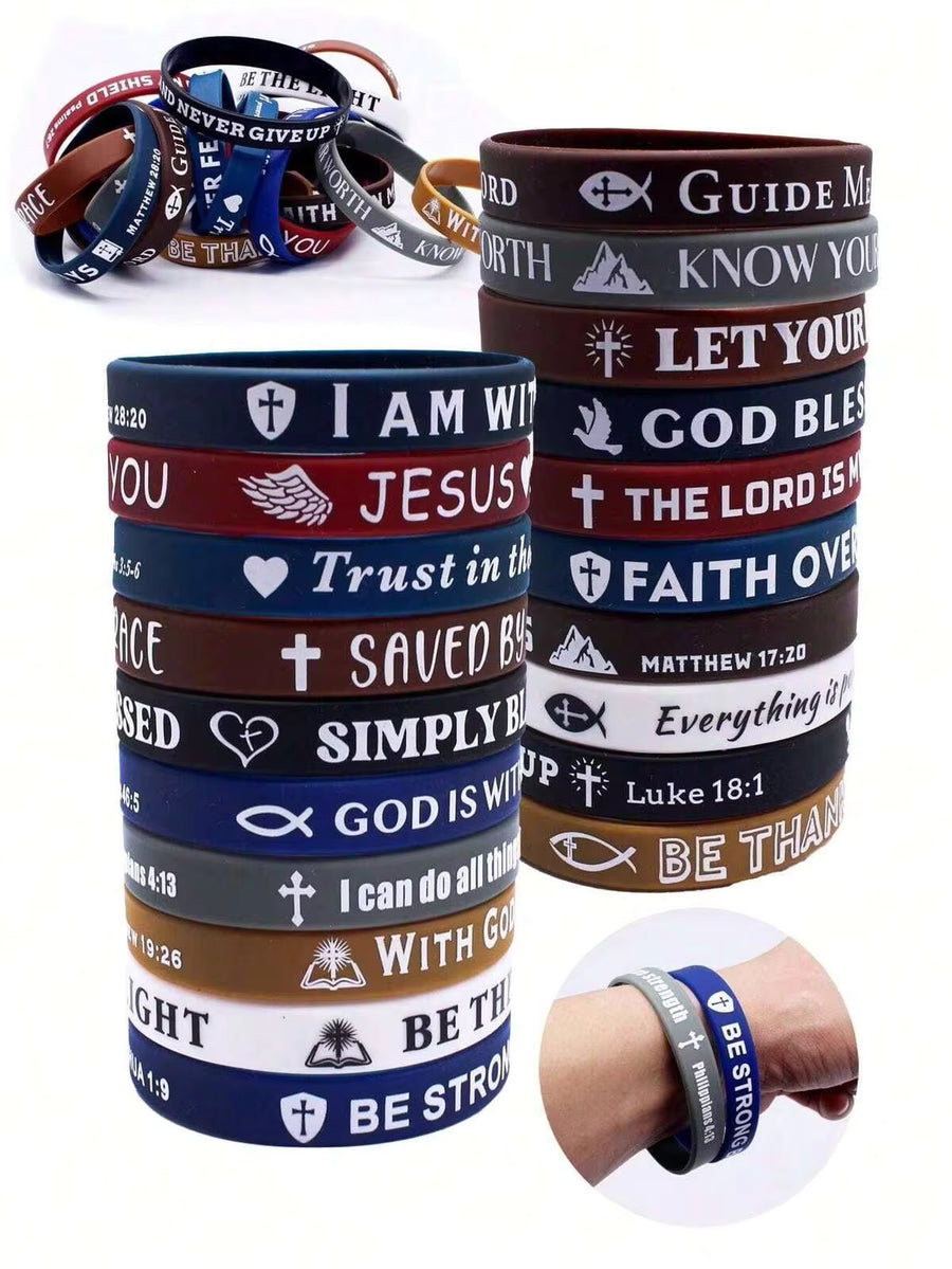 20pcs/Set Bible Verse Bracelets, Cross And Bible Verse Silicone Bracelet Set, Religious Gift Suitable For Men And Women, Baptism Party Favor, Carnival Party Gift, Mother's Day Gift, Graduation Gift