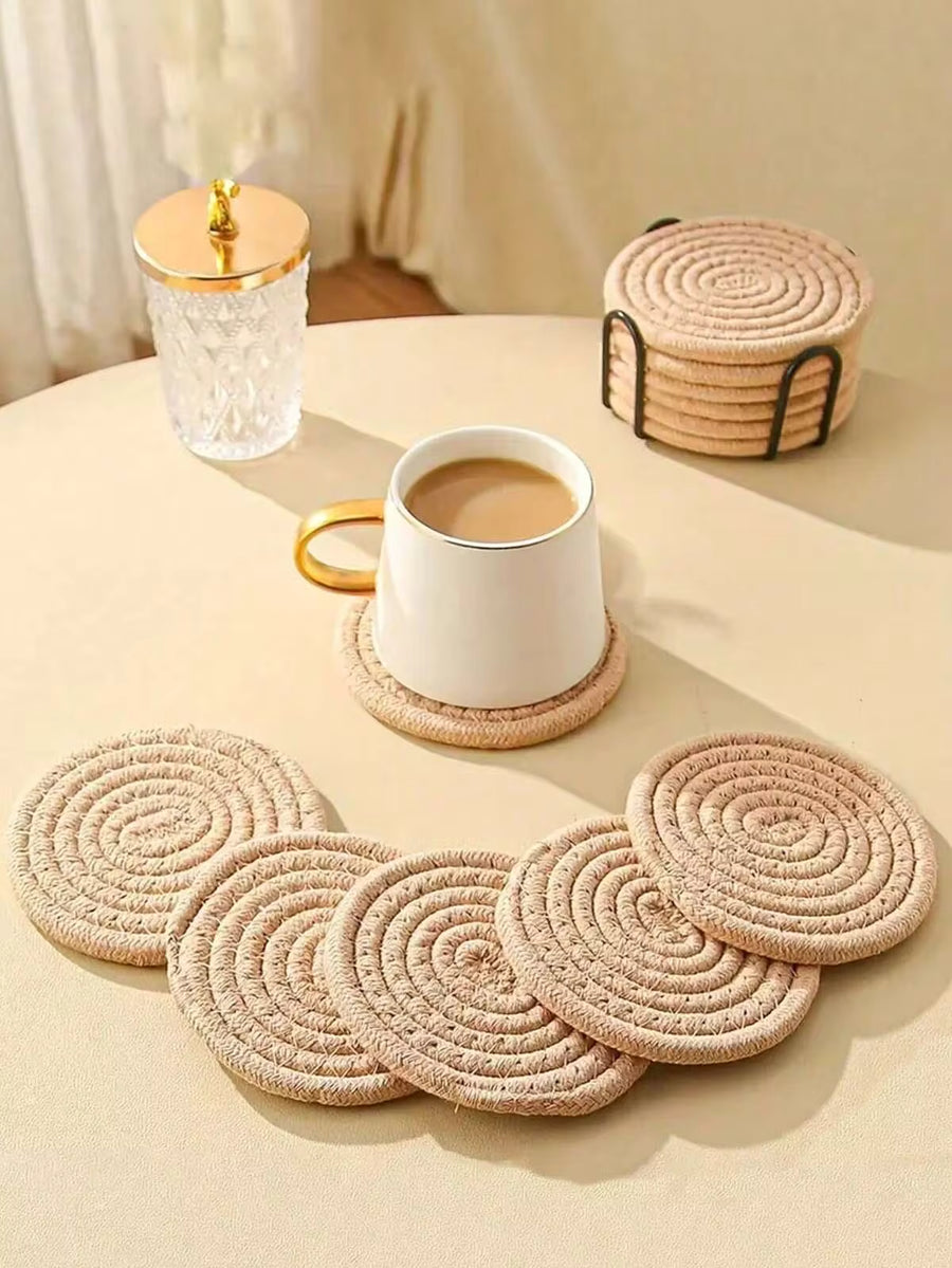 8pcs Coaster Set With Holder, Minimalist Woven Tabletop Coasters, Heat Resistant Kitchen & Dining Table Coasters, Thick Insulation Pads, 4 Color Absorbent Coaster Set, Home Decor Table Protection, Fit For Various Cups, 4.3 Inch