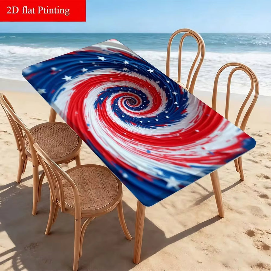 1-Piece Outdoor Elastic Tablecloth, Rectangular Table Mat With American Flag Spiral Pattern, Suitable For Picnics, Durable And Easy To Clean, Ideal For Camping, Barbecues, Birthday Parties, Garden Parties, Dining Rooms, Living Rooms
