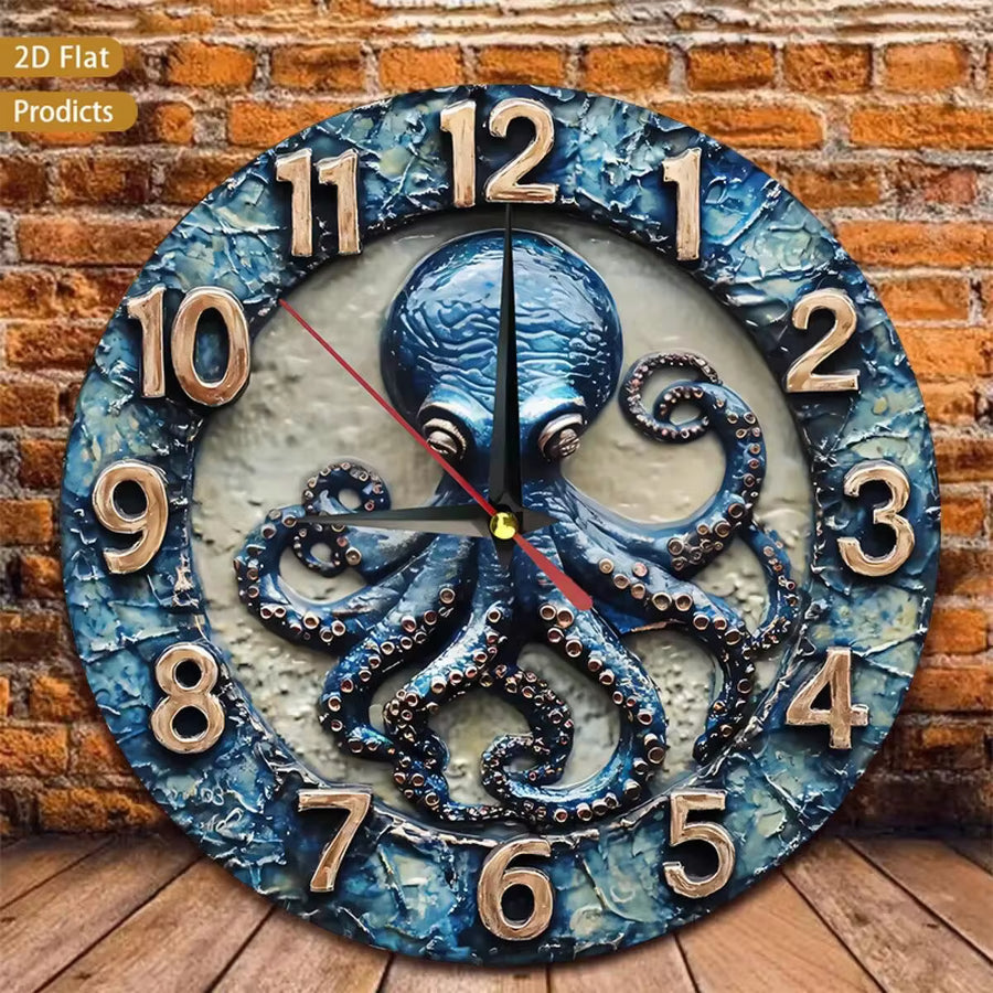 1 Piece 2D Vintage Octopus Print Wooden Wall Clock, 12inch Silent, Ocean Style Decoration For Baby Room, Bedroom, Office, No AA Batteries Required,Furniture,Desk Deccor,Wall Deocr,Wall Clocks For Living Room