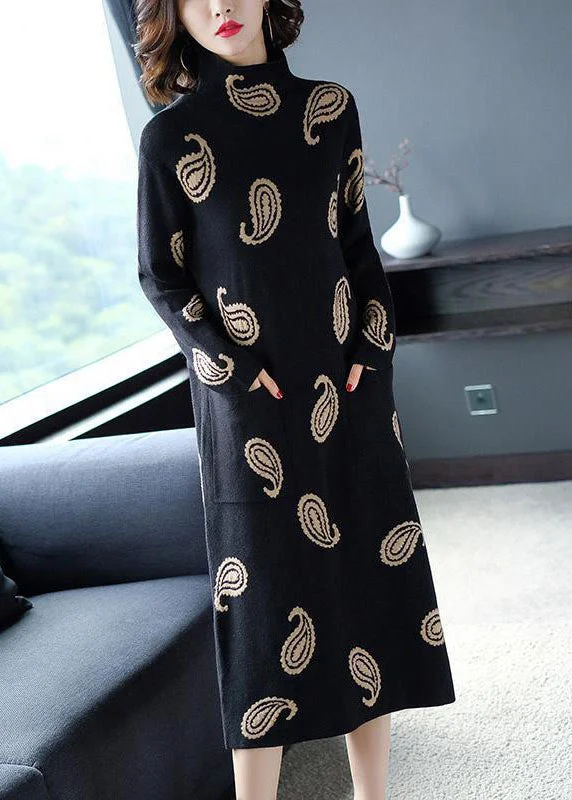 Spiritual Vitality Modern Black High Neck Print Pockets Long Sweater Winter