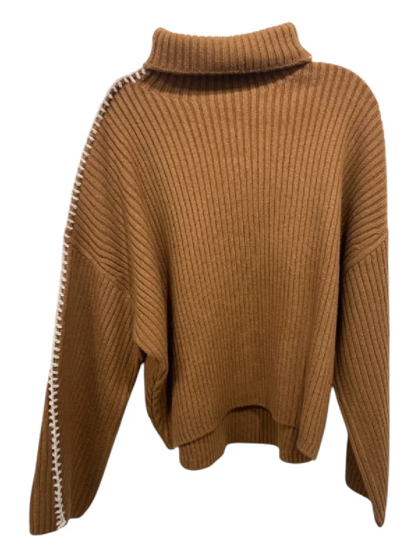 British Fashion Rag & Bone Size XS Tan & White Wool Turtleneck Stitched Sweater