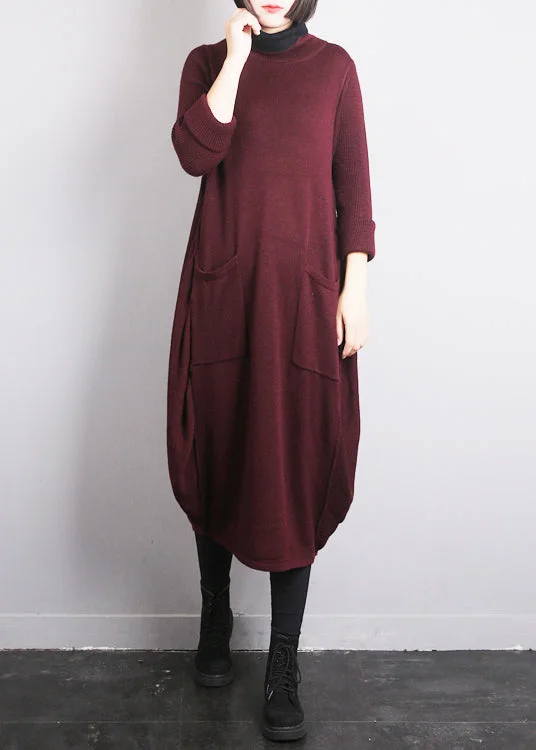 Simple Solid Color Mulberry O-Neck Knit Cotton Thread Sweater Dress Fall