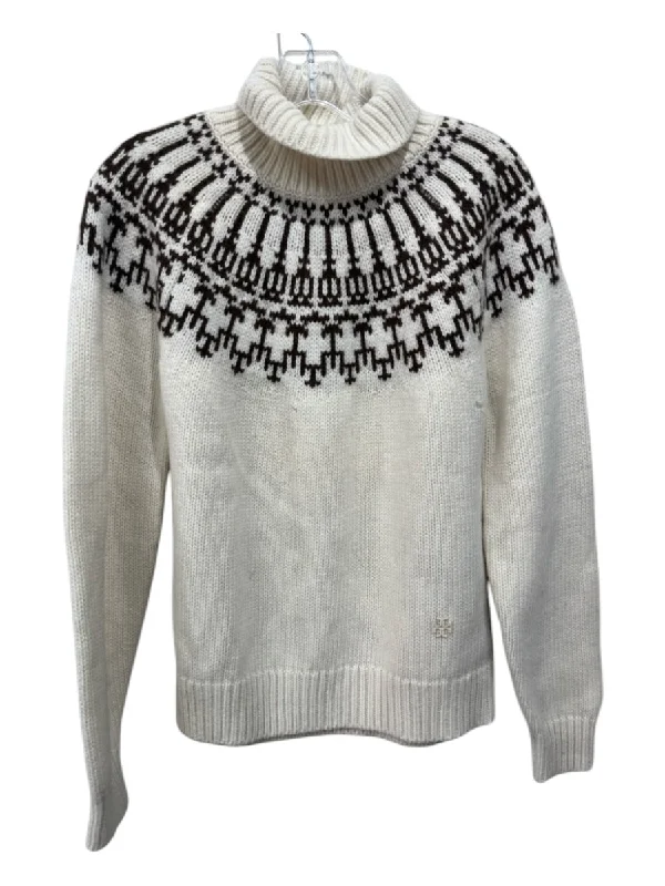 Fashion Must-have Tory Burch SPORT Size S/P Cream & Brown Merino Wool Turtle Neck Chunky Sweater