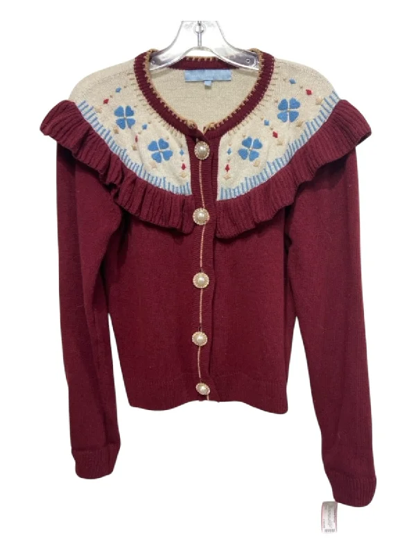 Autumn Selection Hill House Size S Burgundy Red, Cream, Blue Virgin Wool Ruffle Detail Sweater