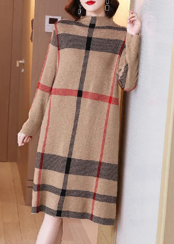 Ethnic Style Light Camel Print Knit Sweater Dress High Neck Winter