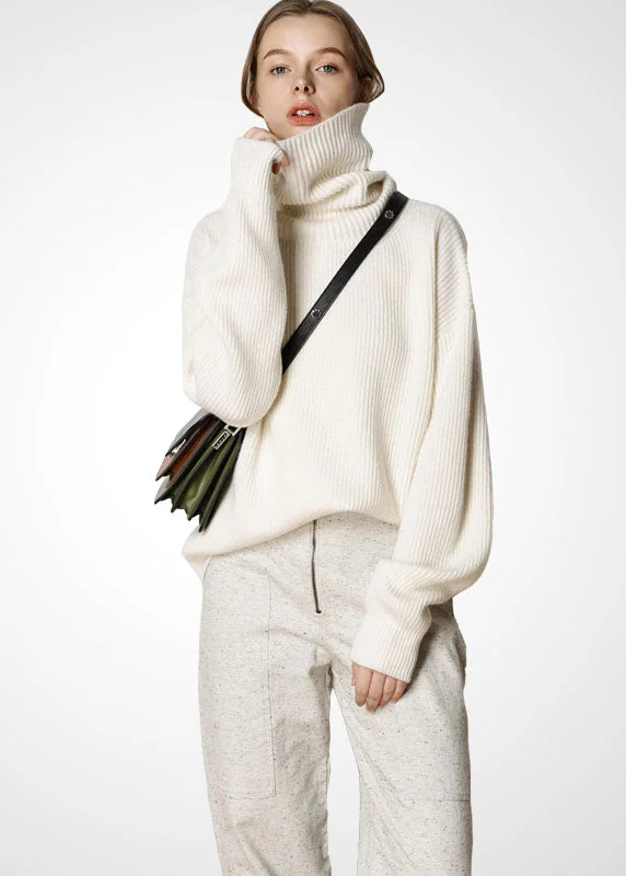 Trendy And Casual Modern Beige Turtle Neck Oversized Warm Wool Sweater Tops Winter