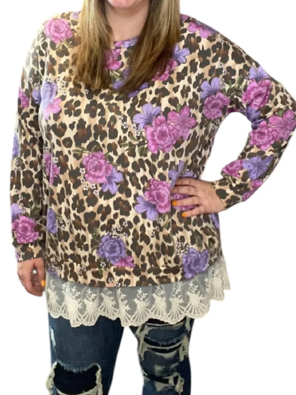 Breathable Comfort Lace Trim Floral Animal Sweater In Multi Color