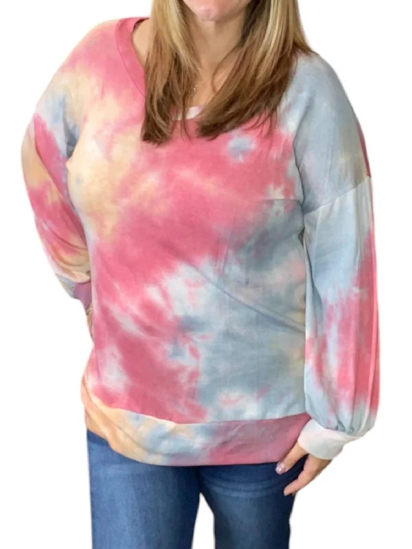 Designer Style Pastel French Terry V-Neck Sweater In Pink Multi