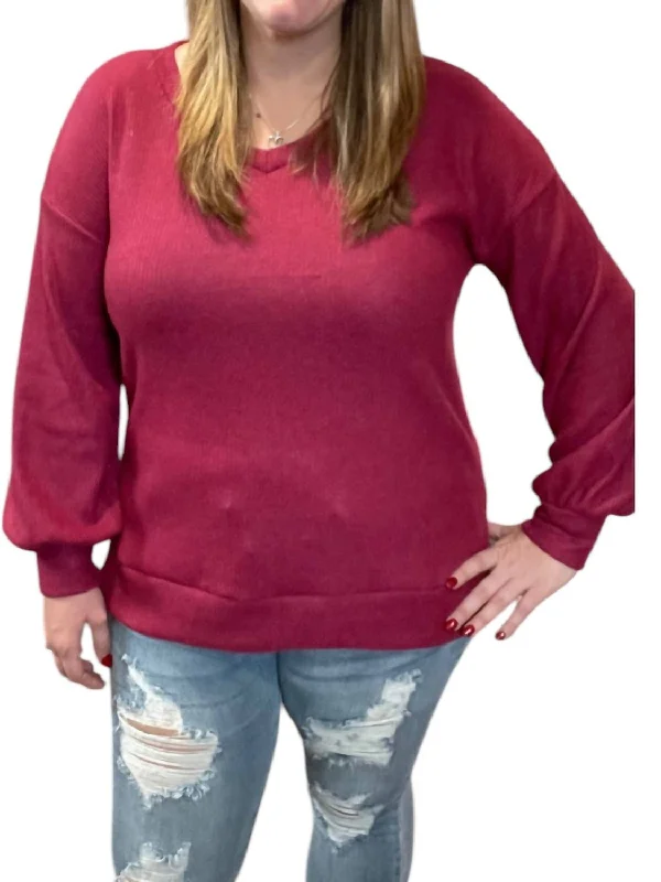 Urban Sense Fleece Ribbed Sweater In Wine