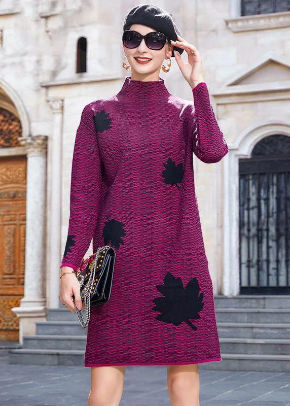 Playful Style Modern Purple High Neck Maple Leaves Jacquard Knit Long Sweater Winter