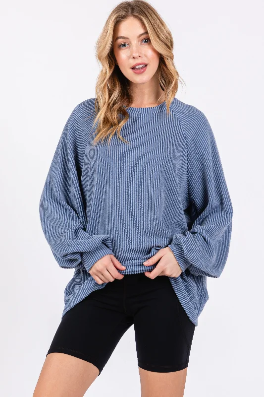 Romantic And Fresh Blue Ribbed Long Sleeve Top
